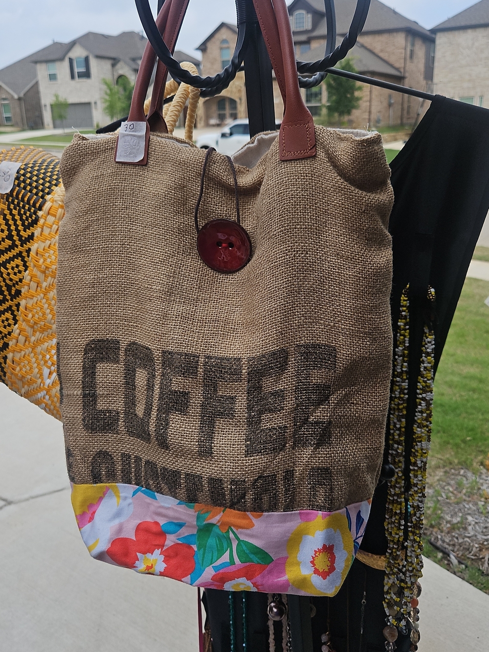 Women’s Floral Trim Burlap Tote Bag - Natural